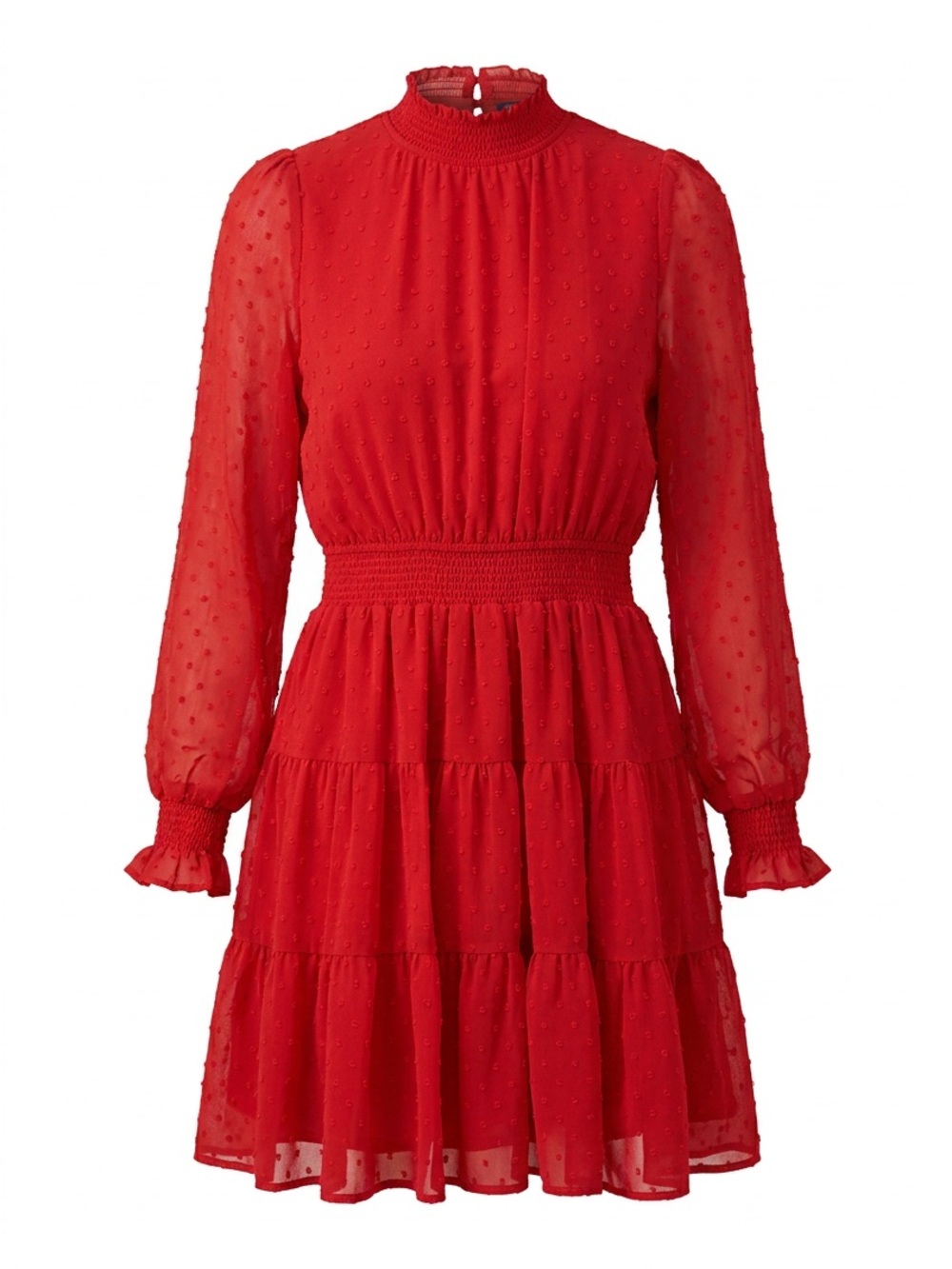 Sweet Wanderer Red Swiss Dot Long-Sleeve Tiered Dress